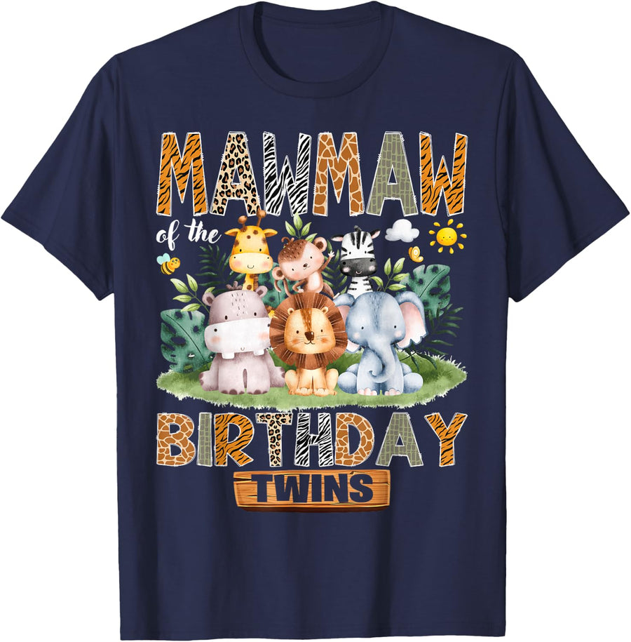 Mawmaw of The Birthday Twins Safari Woodland Animals T-Shirt - Navy Blue