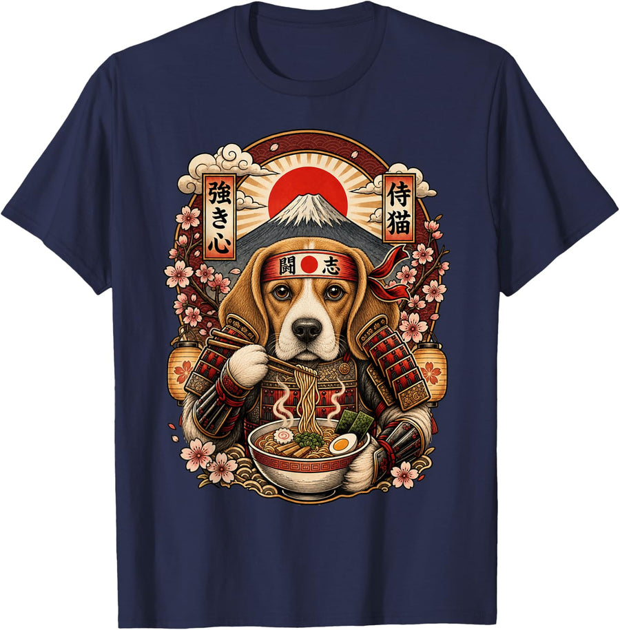 Ramen Noodles Beagle Dog Japan Graphic Samurai Warrior Snack T-Shirt - Navy Blue