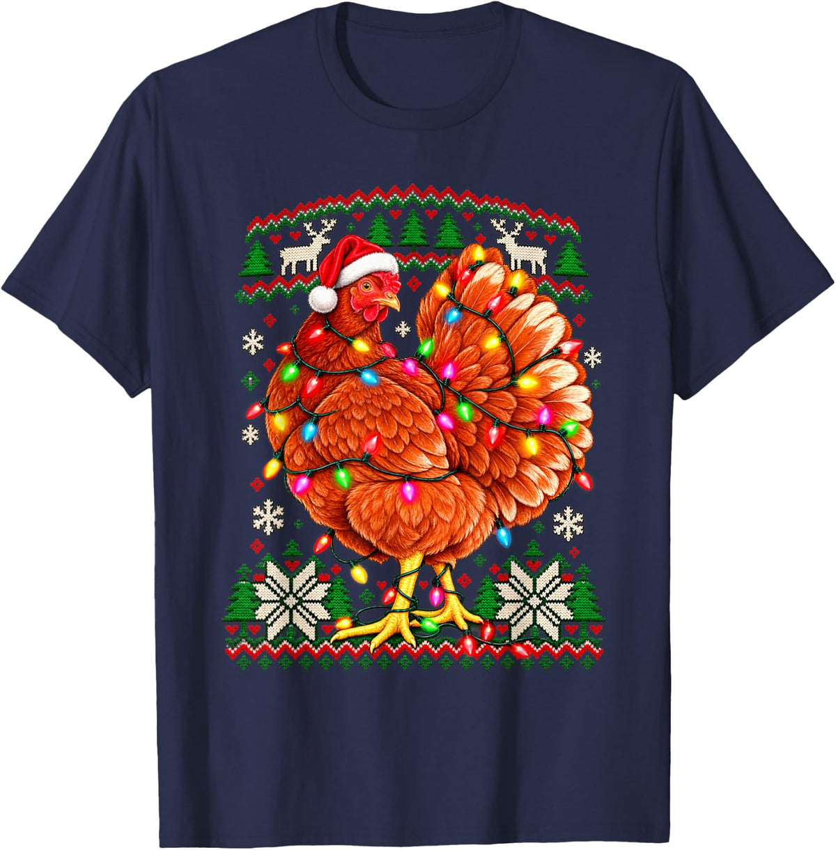 Christmas Chicken Proud Santa Hat Ornate Holiday Circle T-Shirt - Navy Blue