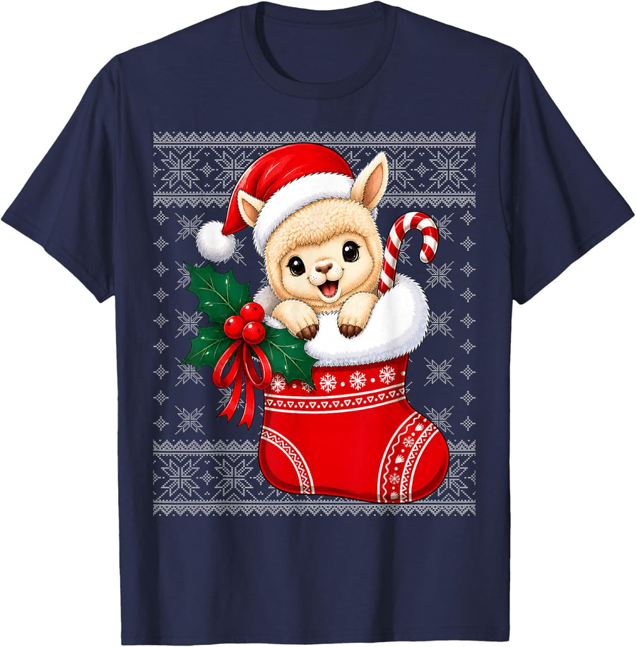 Alpaca Llama Christmas Stocking Cute Festive Ugly Xmas T-Shirt - Navy Blue
