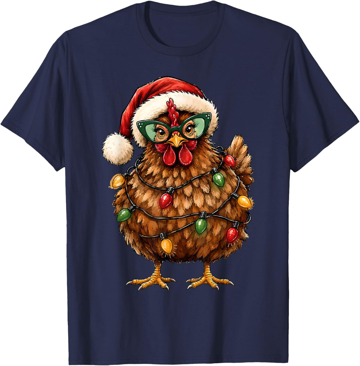 Christmas Chicken Santa Hat Xmas Lights Festive Holiday T-Shirt - Navy Blue