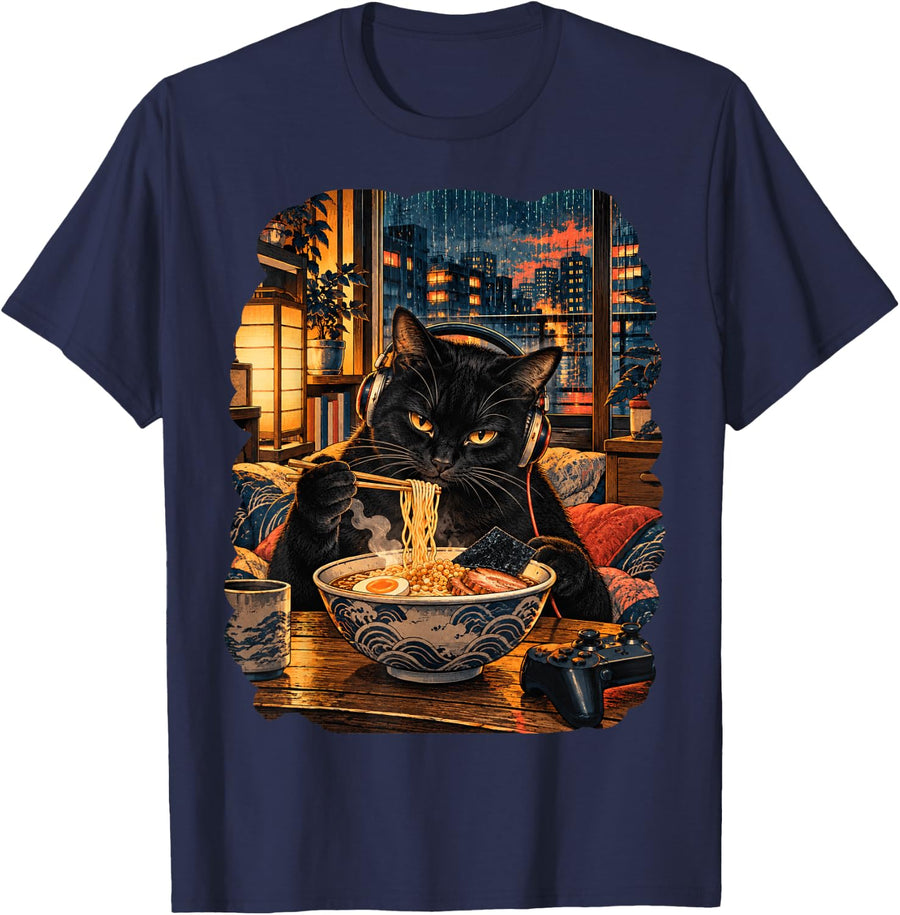 Ramen Cat Gamer Japanese Anime Black Cat Eating Noodles Men T-Shirt - Navy Blue