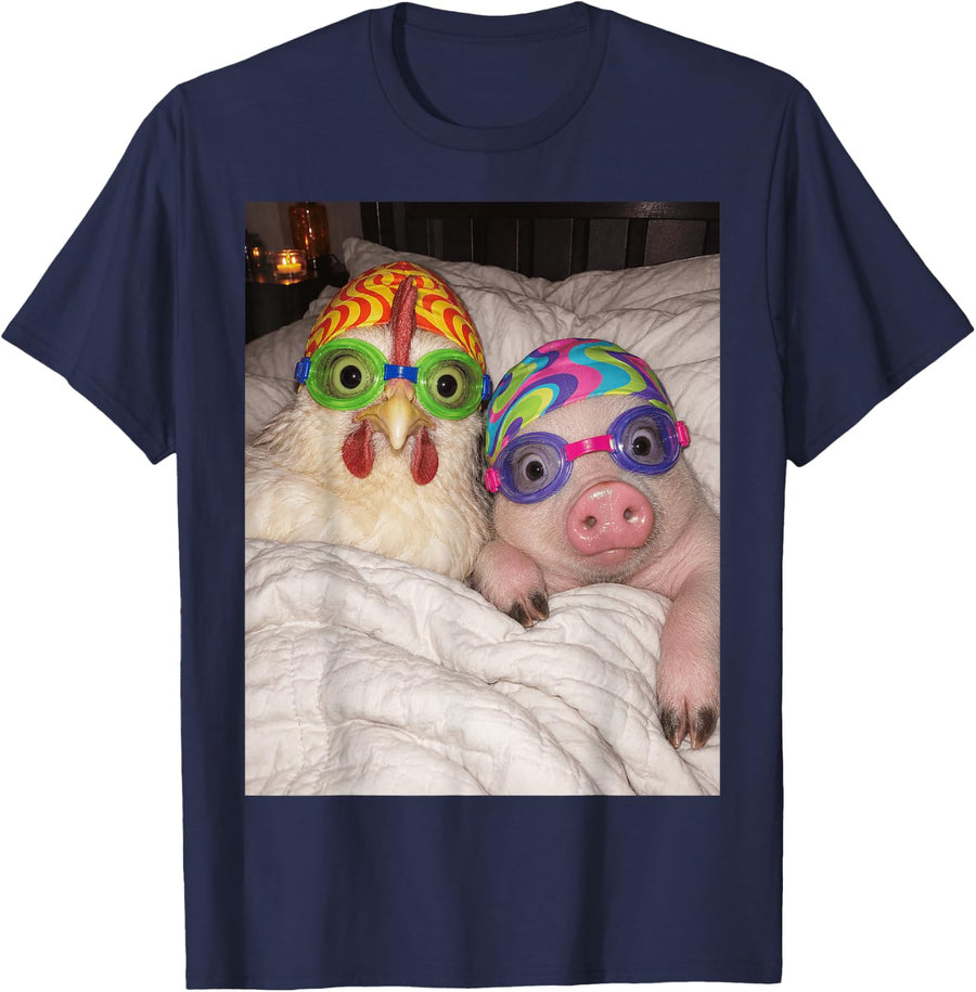 Funny Chicken and Pig Swimmer Humor Weird Farm Animal T-Shirt - Navy Blue