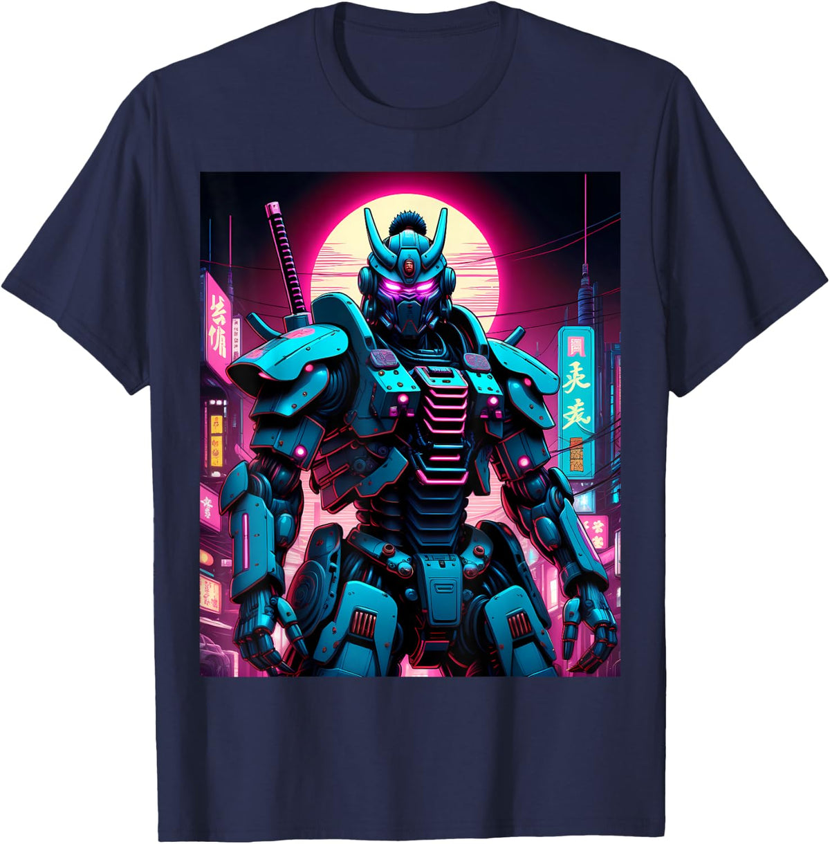 Synthwave Graphic 80s Japanese Vaporwave Mech Robot Samurai T-Shirt - Navy Blue