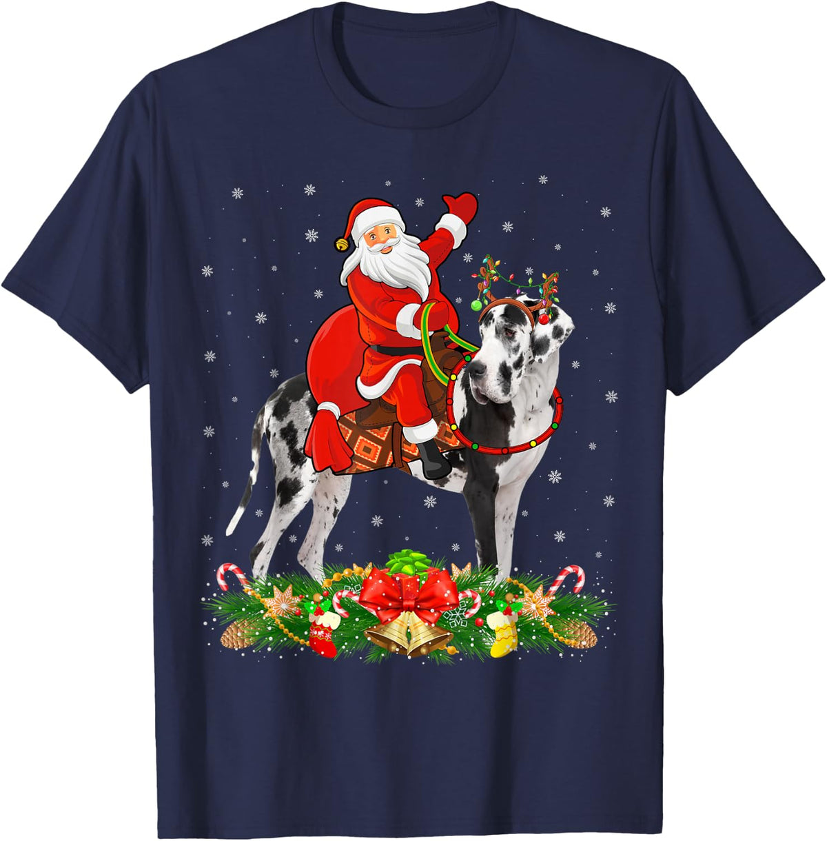 Xmas Decor Funny Santa Riding Great Dane Dog Christmas T-Shirt - Navy Blue