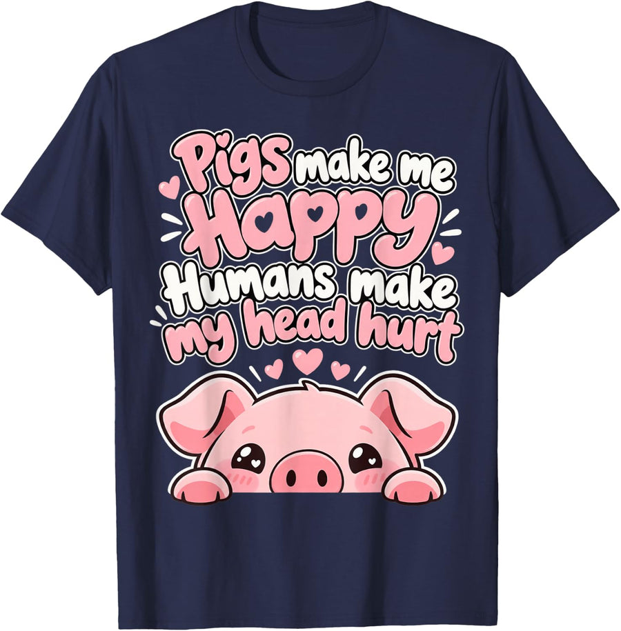 Pigs Make Me Happy Kawaii Piglet Funny Piggy Love Pig T-Shirt - Navy Blue