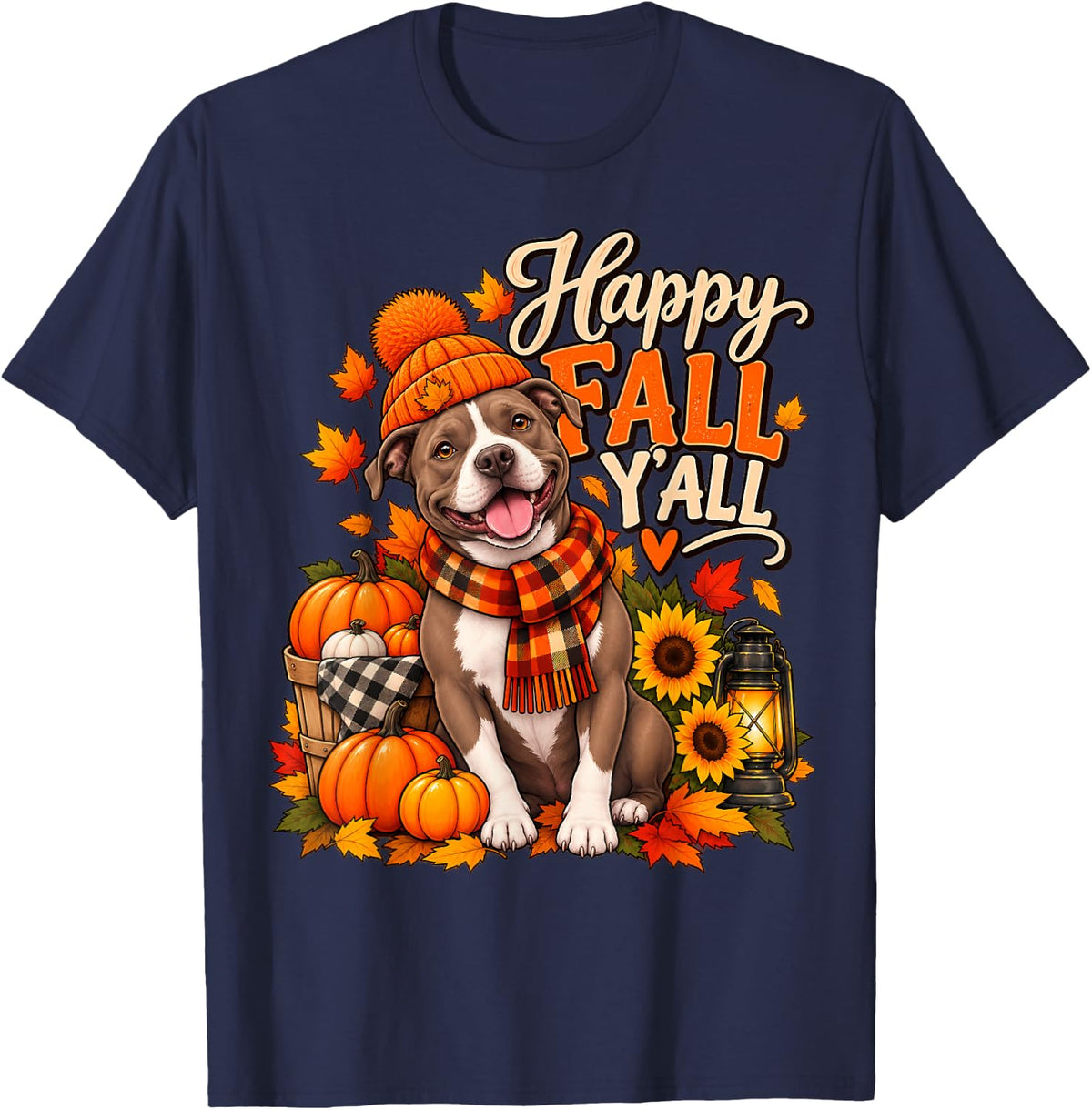 Happy Fall Y'all Pitbull Dog Scarf Autumn Leaf Thanksgiving T-Shirt - Navy Blue
