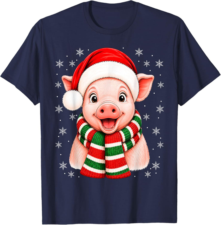 Pig Christmas Santa Hat Scarf Cute Pig Xmas Fun T-Shirt - Navy Blue
