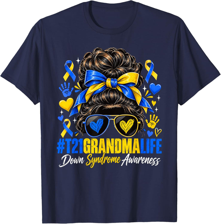 Grandma Life Down Syndrome Awareness Month Blue Yellow T-Shirt - Navy Blue