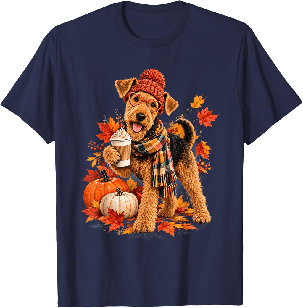 Airedale Terrier Fall Autumn Season Pumpkin Spice Dog Coffee T-Shirt - Navy Blue