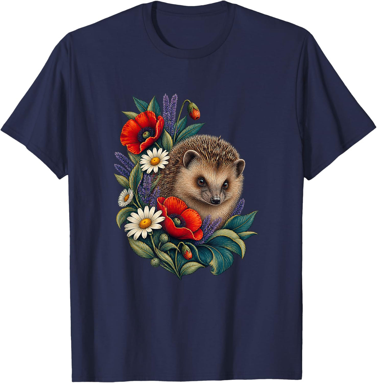 Hedgehog White Daisy Woodblock Illustration T-Shirt - Navy Blue