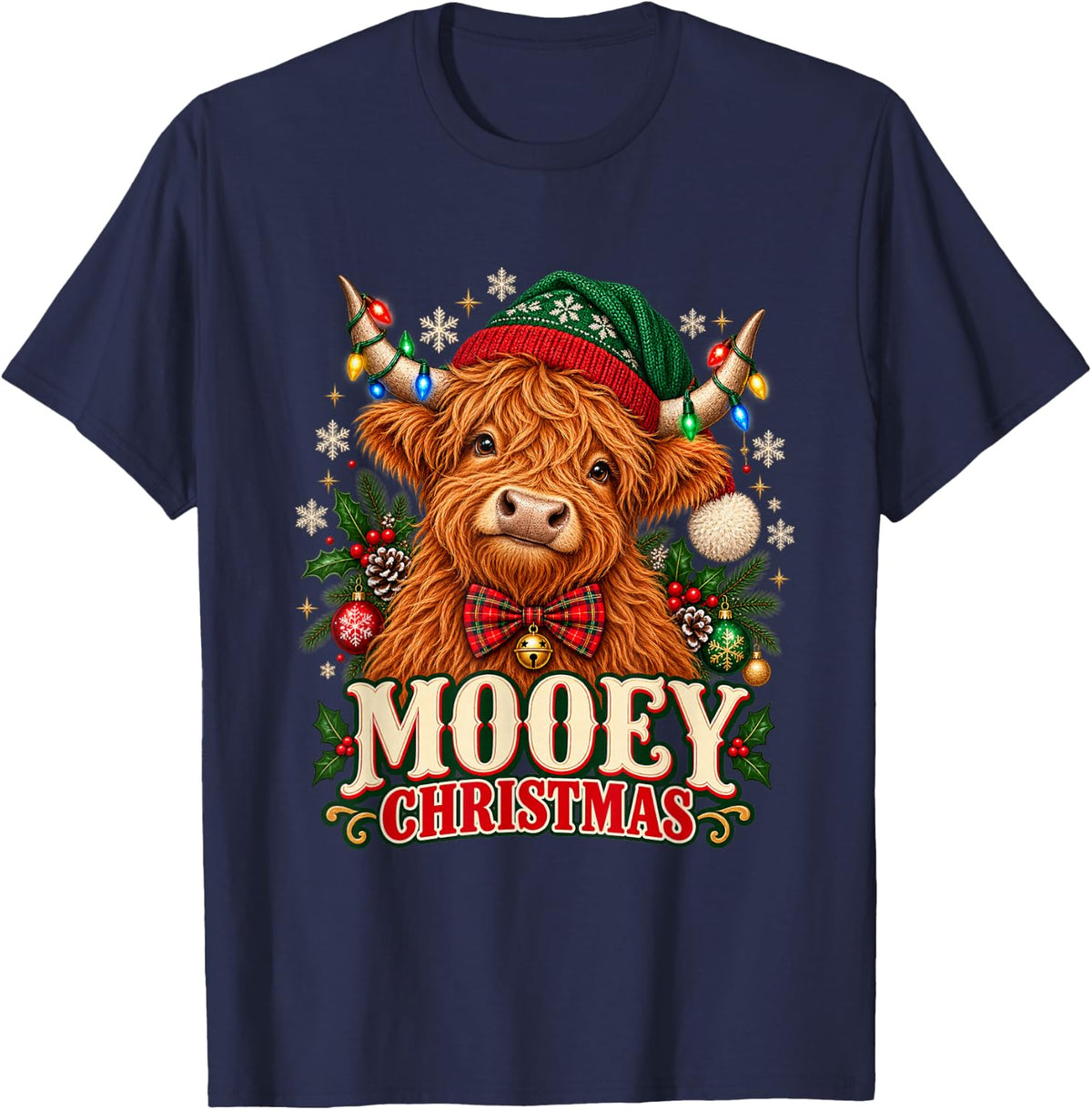 Western Mooey Christmas Santa Highland Cow Farm Animals Xmas T-Shirt - Navy Blue