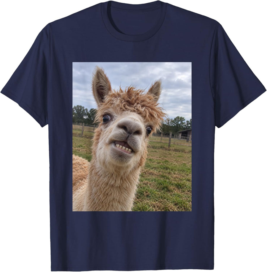 Funny Alpaca Toothy Grin Fluffy Farm Animal Meme T-Shirt - Navy Blue