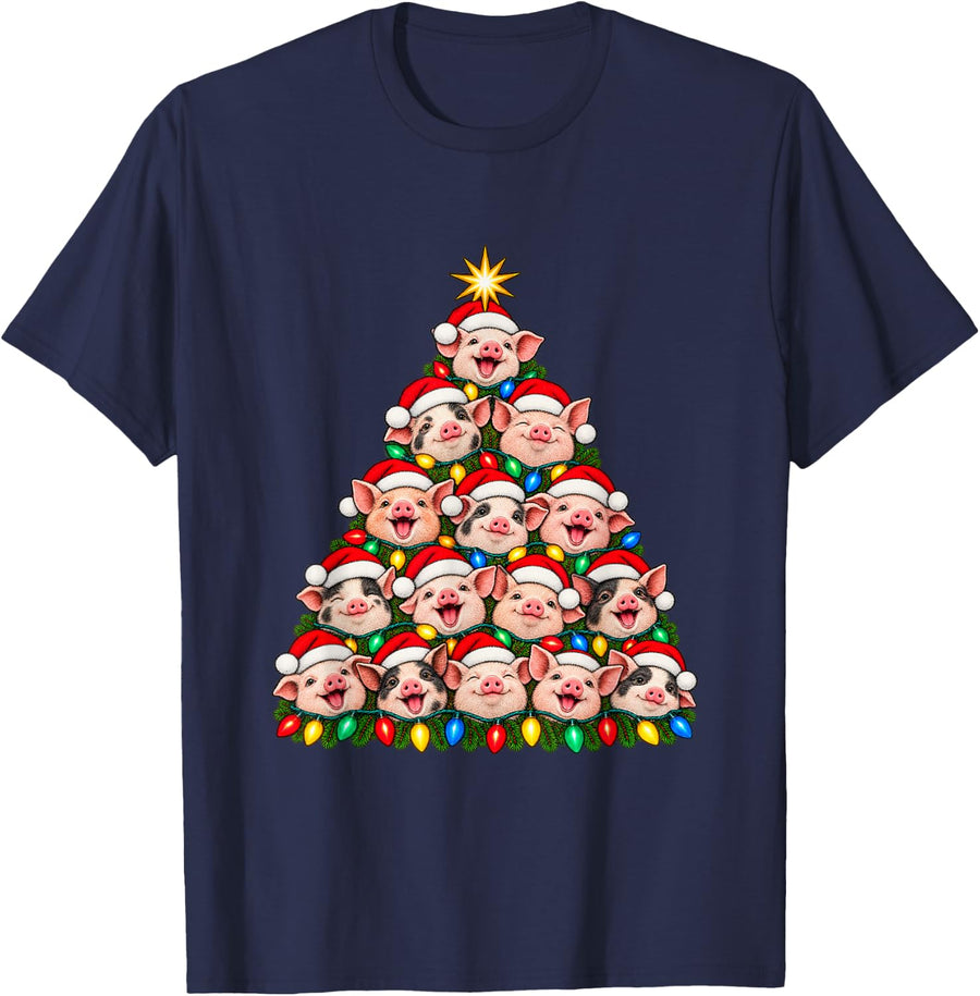 Pigs Christmas Tree Cute Santa Hat Pig Lover Xmas T-Shirt - Navy Blue