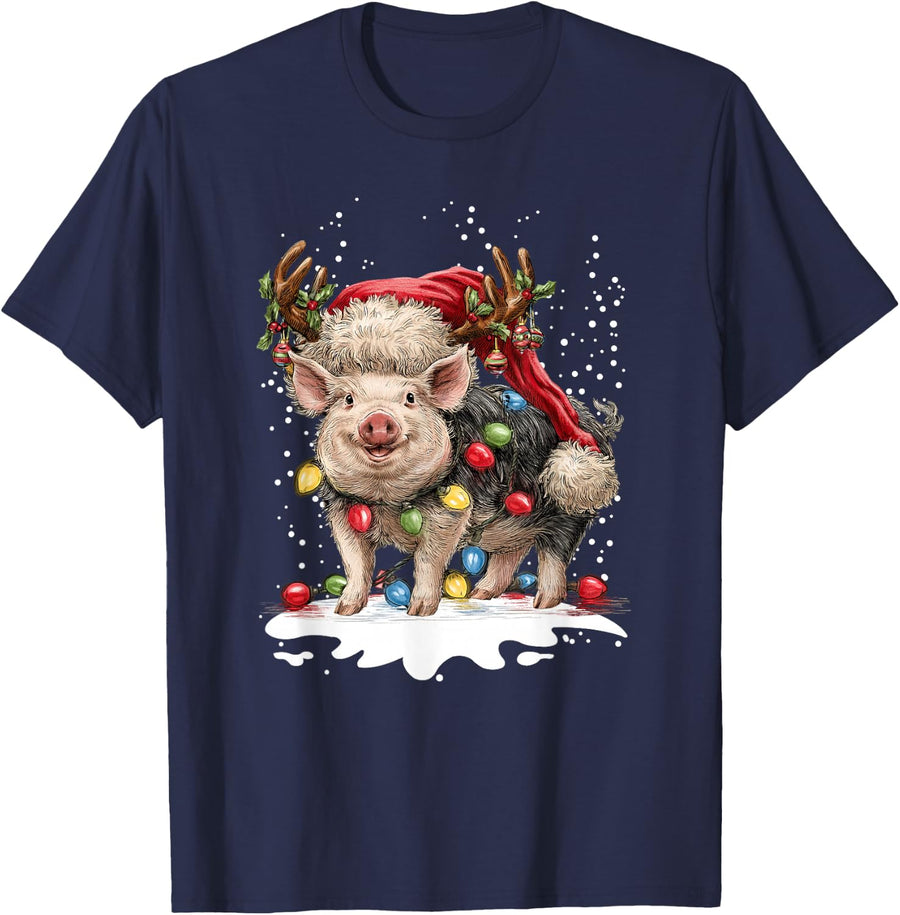 Retro Christmas Pig Reindeer Animal Lover T-Shirt - Navy Blue