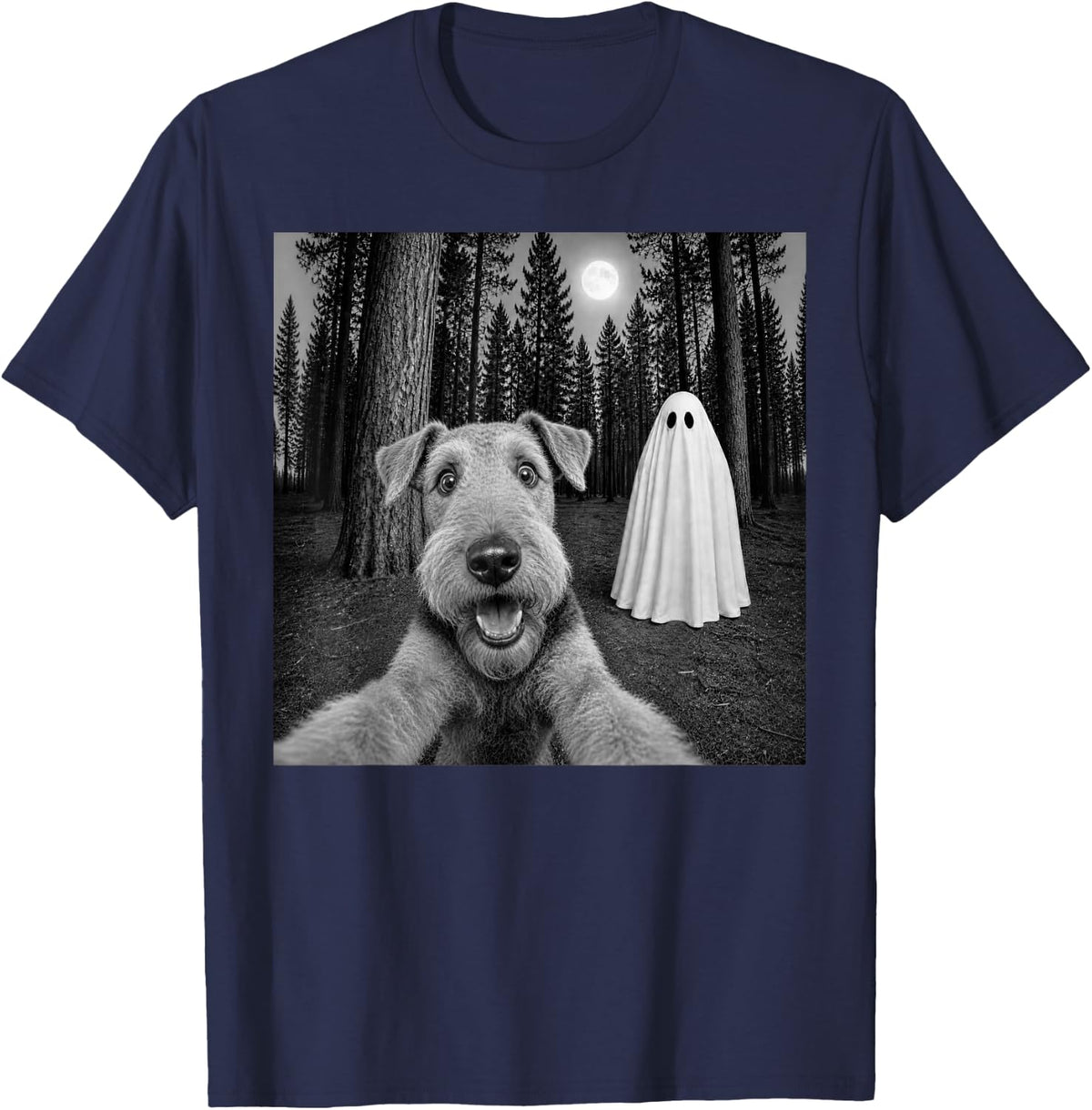 Spooky Airedale Terrier Selfie with Ghost Halloween Dog T-Shirt - Navy Blue