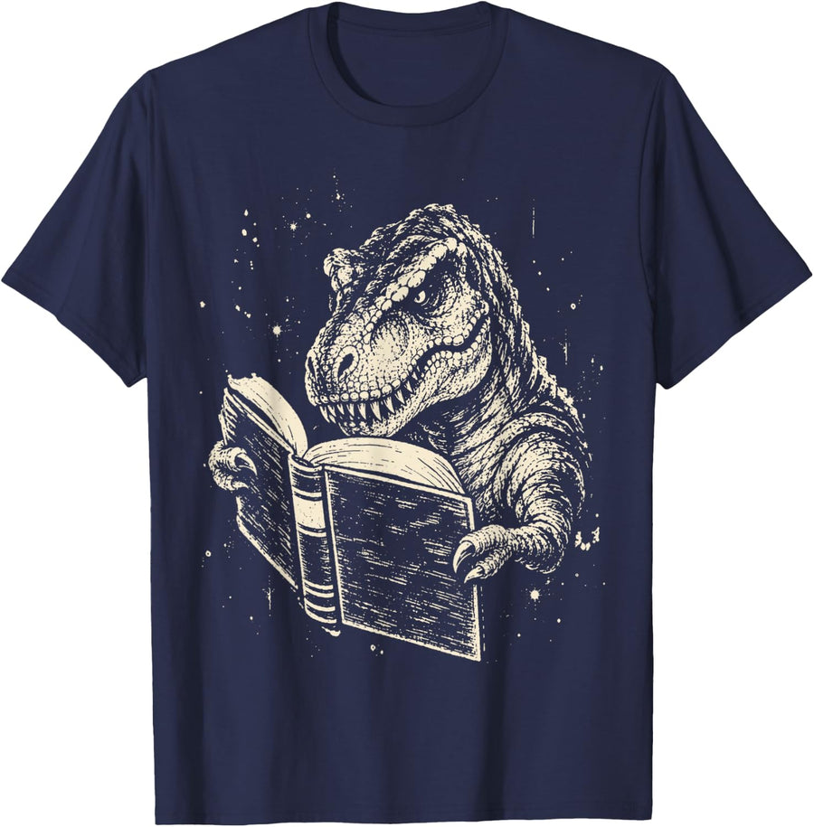 Dinosaur Reading Book Animal Book Lover Vintage Bookworm T-Shirt - Navy Blue