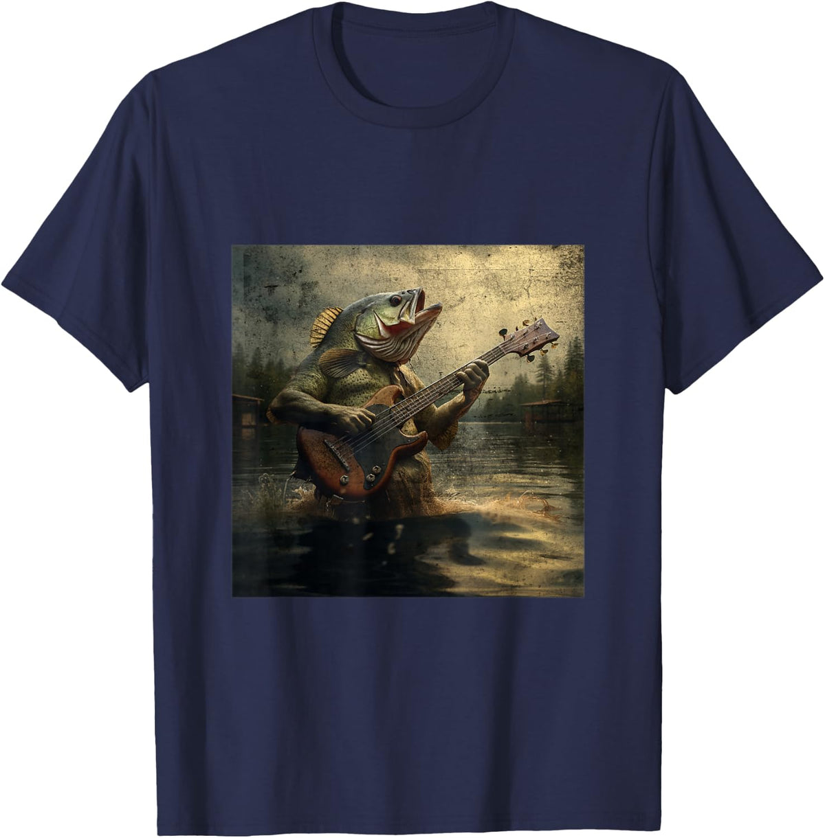 Weird Bass Fish Playing Bass Guitar Funny Cursed Meme T-Shirt - Navy Blue