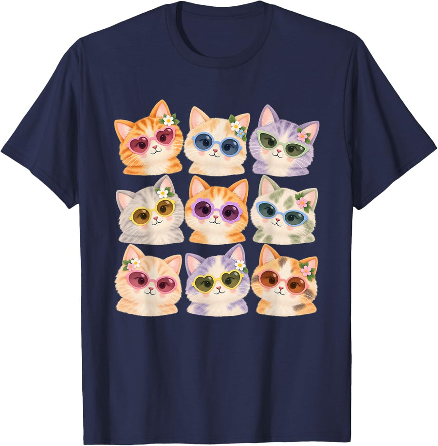 Soft Storybook Cat Lover Summer Vibes Tee Cats in Sunglasses T-Shirt - Navy Blue