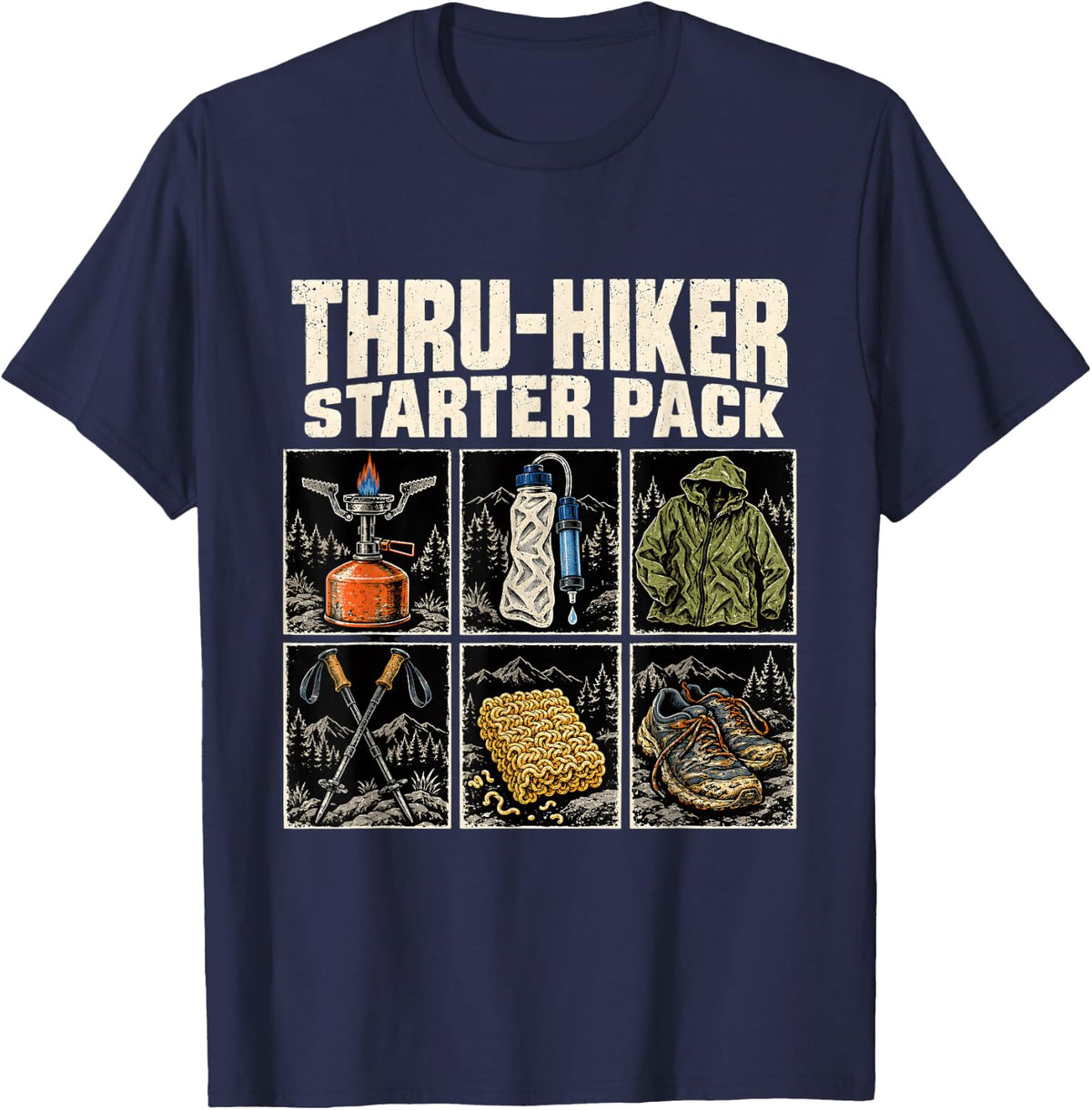 Thru Hiker Starter Pack Outdoor Essentials T-Shirt - Navy Blue