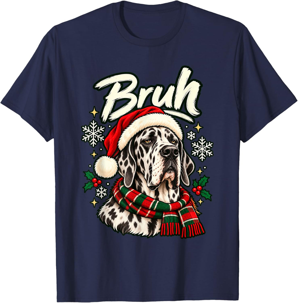 Bruh Great Dane Grumpy Christmas Dog T-Shirt - Navy Blue