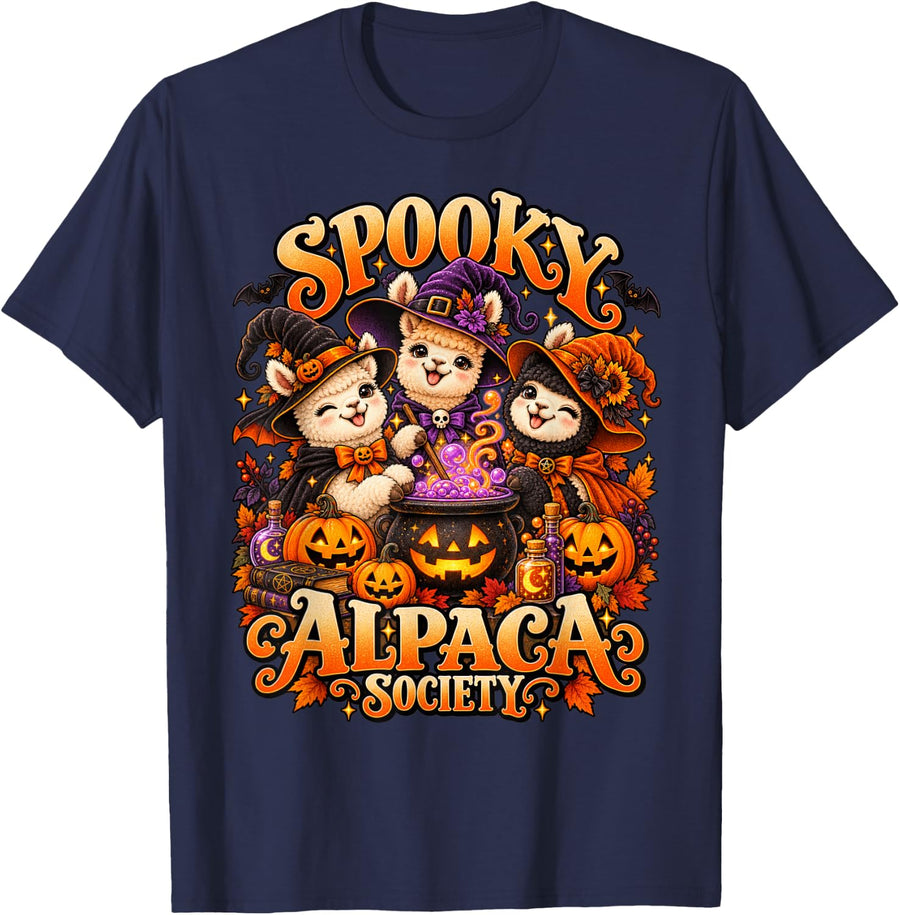 Alpaca Halloween Witches Cute Spooky Farm Animal Fun T-Shirt - Navy Blue