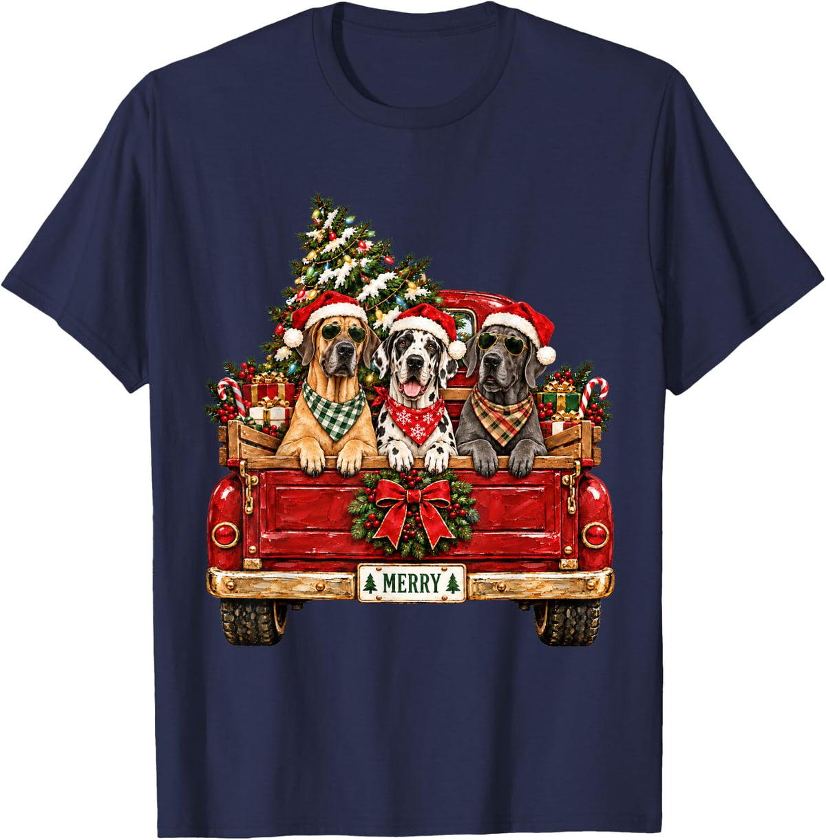 Christmas Red Truck Great Dane Christmas Tree Holiday Pajama T-Shirt - Navy Blue