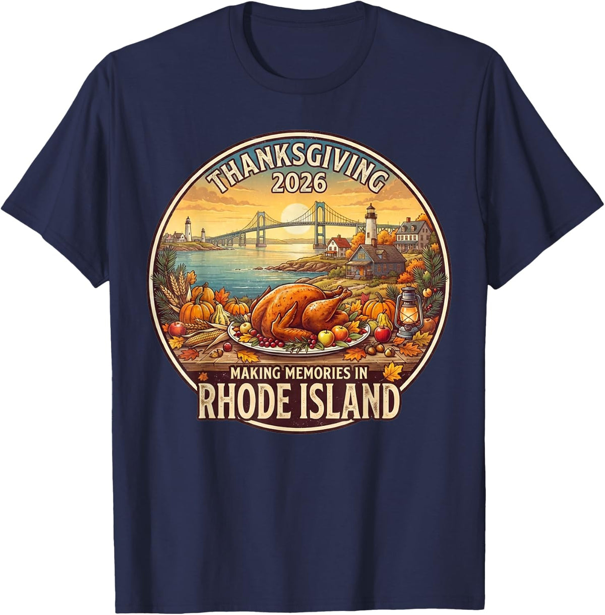 Rhode Island Thanksgiving 2026 Family Vacation Reunion Food T-Shirt - Navy Blue