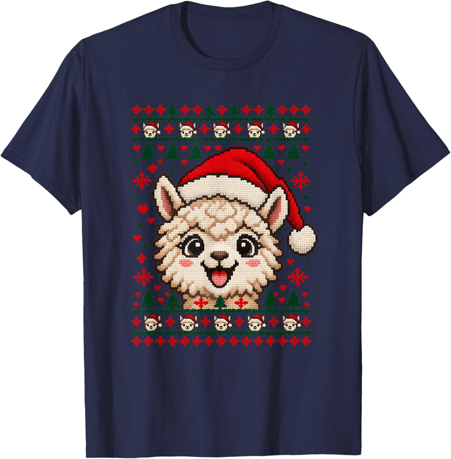 Happy Alpaca Christmas Santa Hat Sweater Men Women T-Shirt - Navy Blue