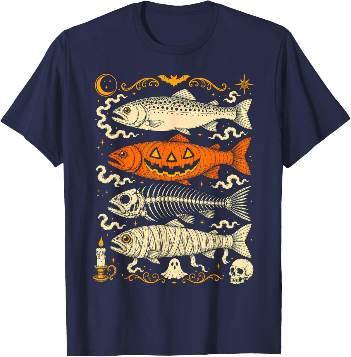 Halloween Trout Fishing Skeleton Mummy Pumpkin Spooky Fish Tee T-Shirt for Anglers - Navy Blue