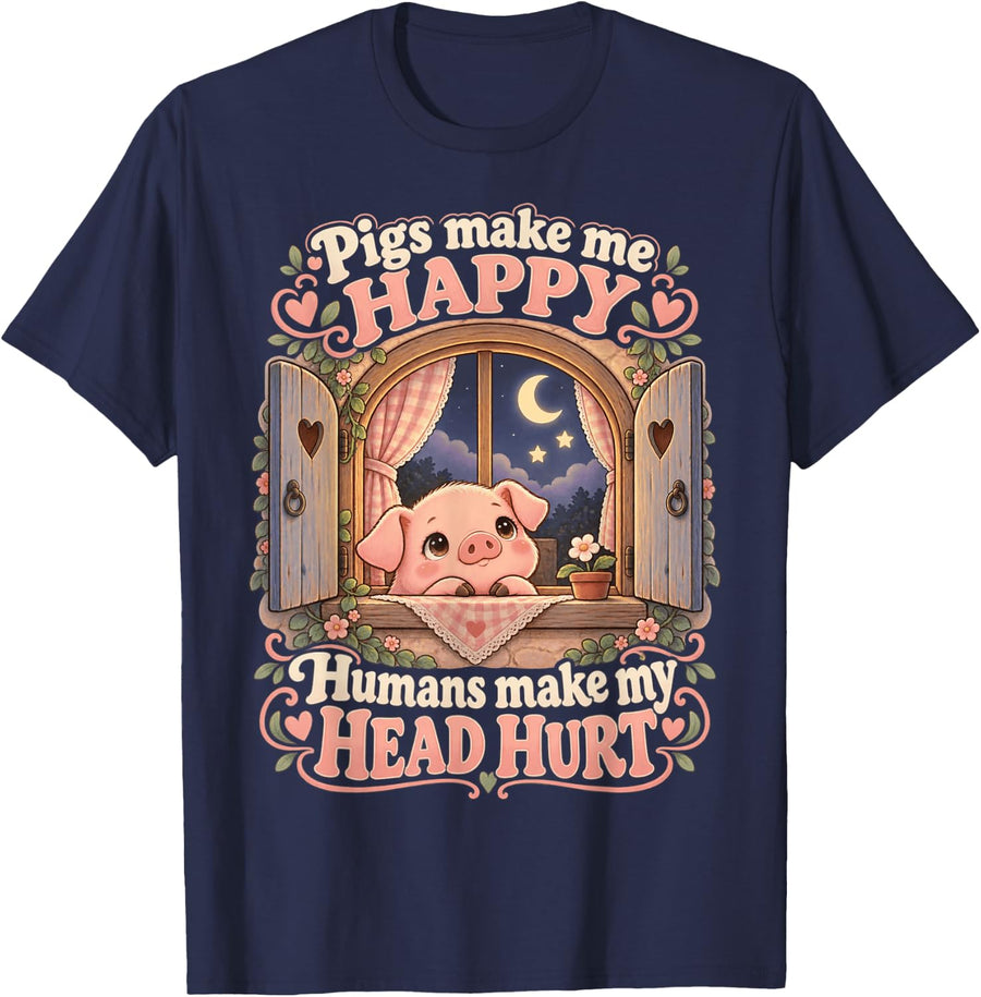 Pigs Make Me Happy Kawaii Piglet Funny Piggy Window Pig T-Shirt - Navy Blue