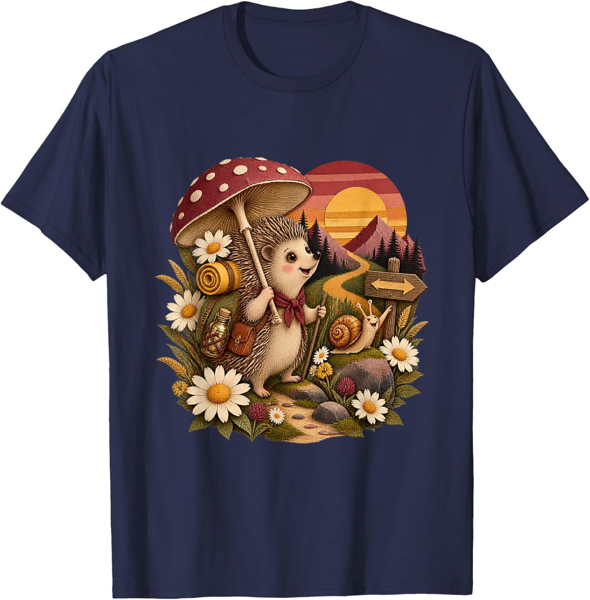 Hedgehog Traveler with Mushroom Umbrella and Snail T-Shirt - Navy Blue