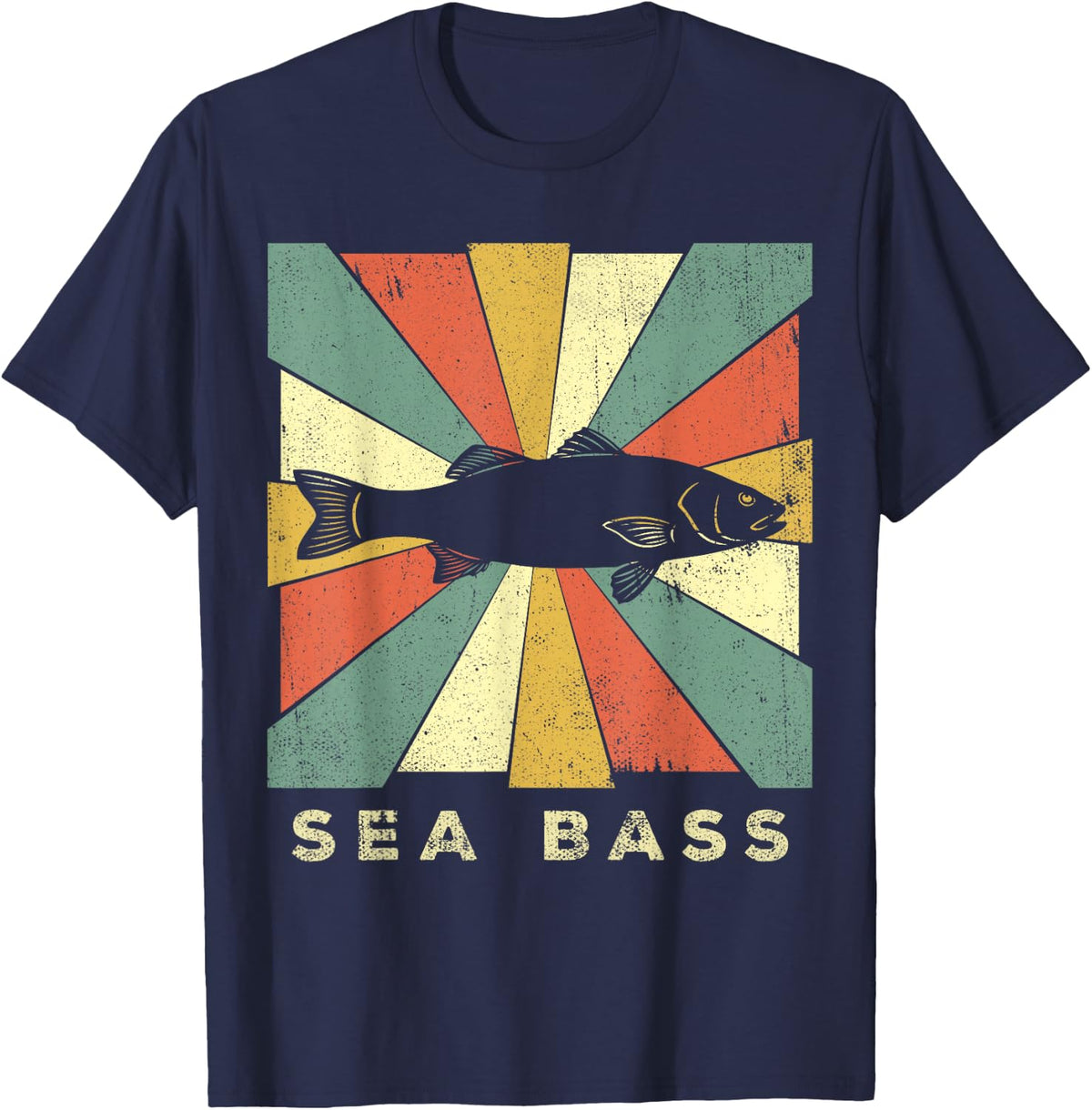 Sea Bass Fish Lover Vintage Retro Style Animal T-Shirt - Navy Blue