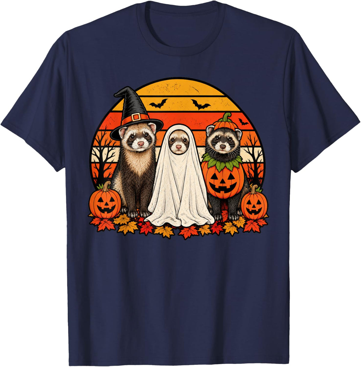 Spooky Ferret Pumpkin Ghost Halloween T-Shirt - Navy Blue