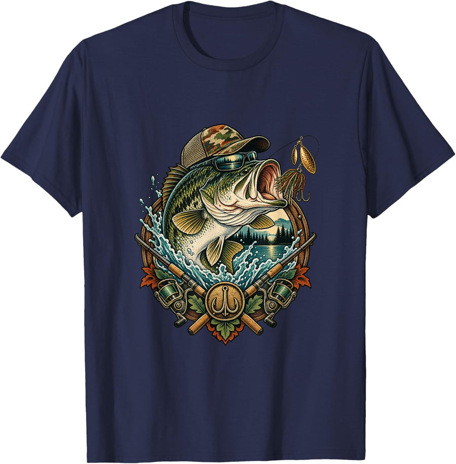 Bass Fishing Fish Angler Hobby T-Shirt - Navy Blue