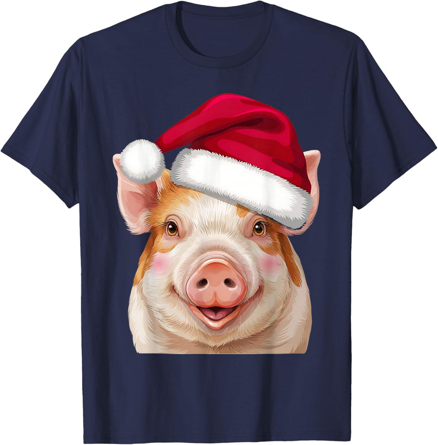 Funny Pig Santa Hat Christmas Animal Lover Men Women Kids T-Shirt - Navy Blue