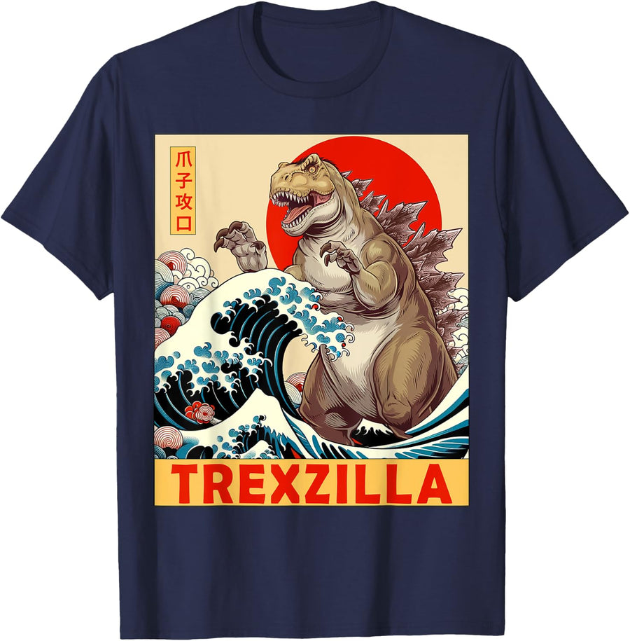 T-Rexzilla Apparel Gifts T-Shirt: Japanese Art Dinosaur Funny Gift for Men, Women, Kids, Unisex - Black, Small, Short