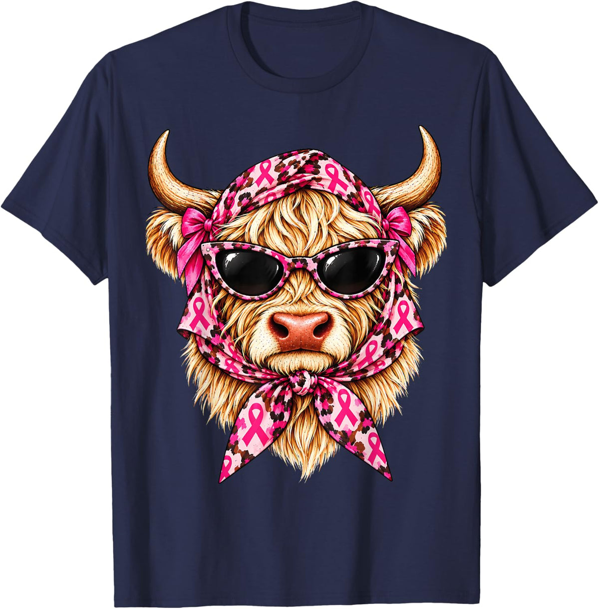 Cute Breast Cancer Highland Cow Pink Ribbon Leopard Bow T-Shirt - Navy Blue