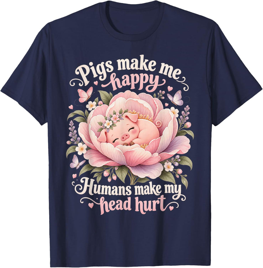 Pigs Make Me Happy Kawaii Piglet Funny Piggy Flower Garden T-Shirt - Navy Blue