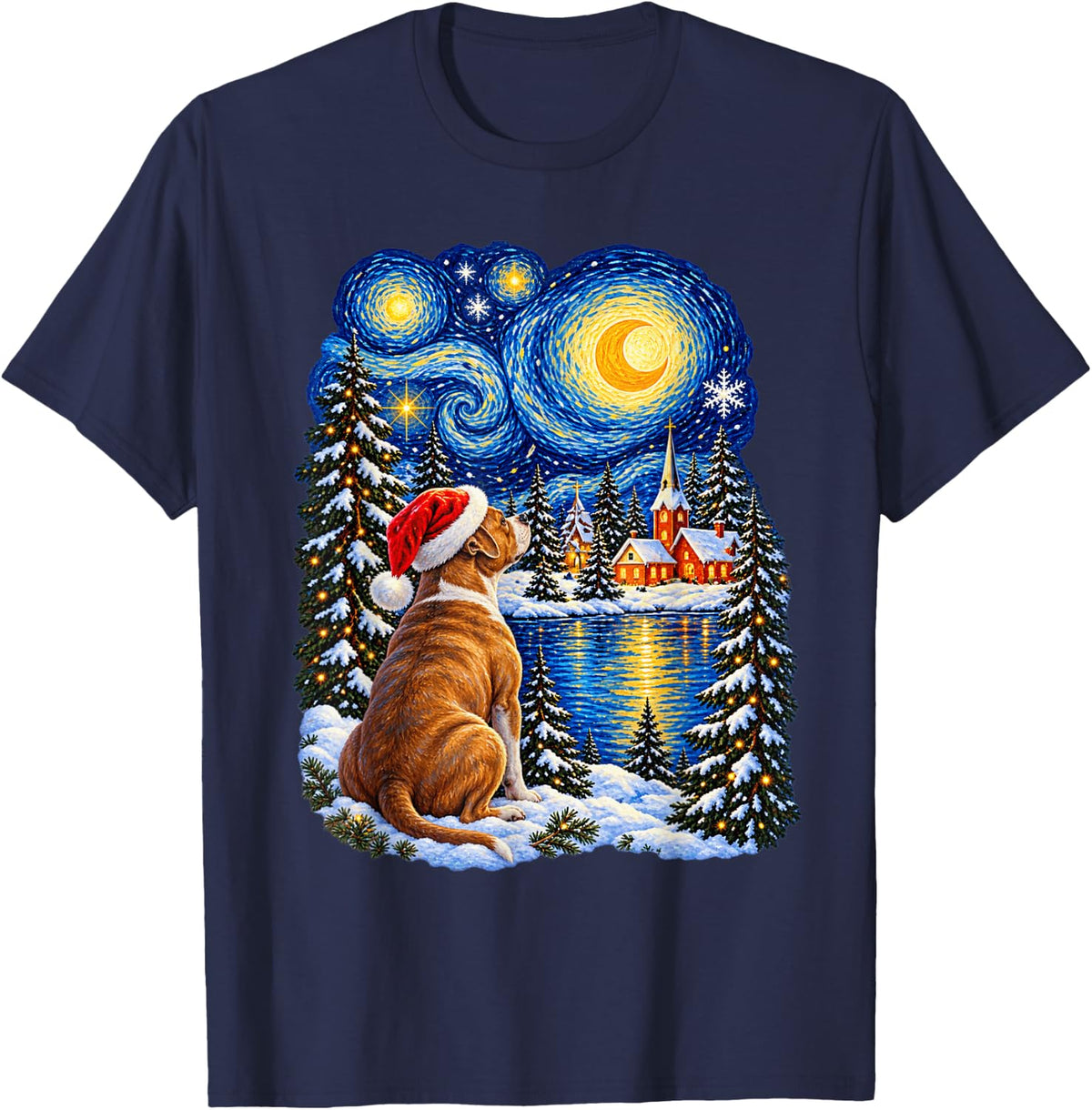 Christmas Pitbull Dreamy Santa Hat Winter Stars Men Women T-Shirt - Navy Blue