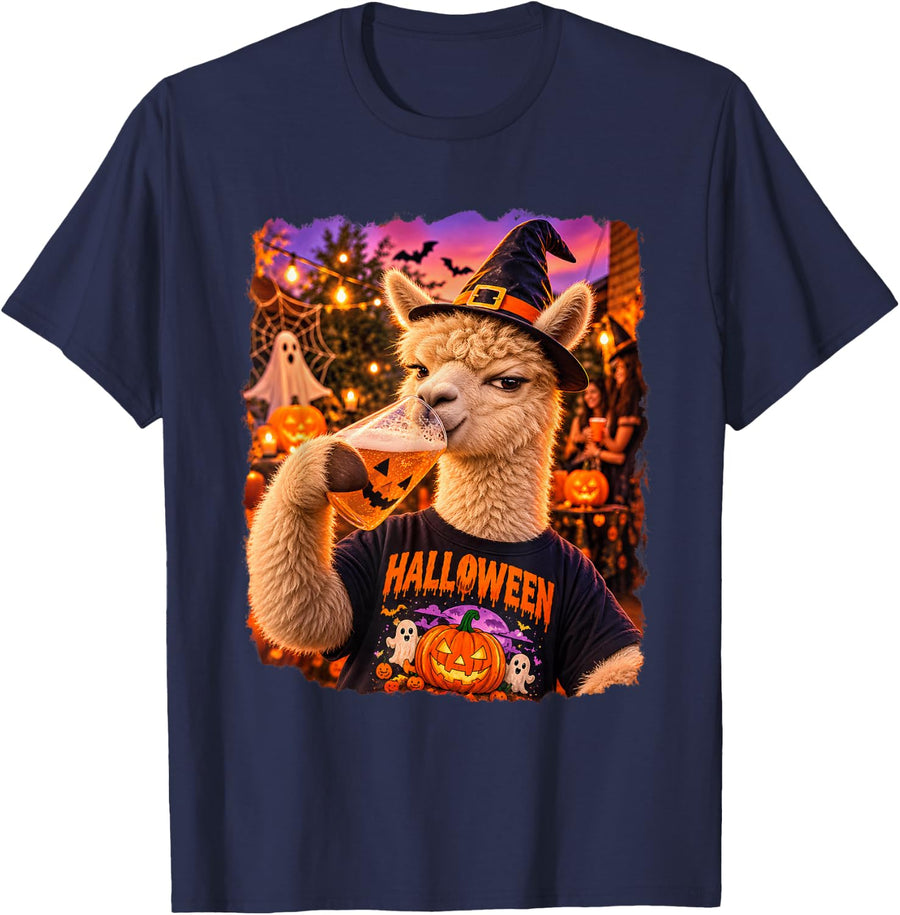 Halloween Witch Alpaca Drinking Pumpkin Cup Funny Costume T-Shirt - Navy Blue