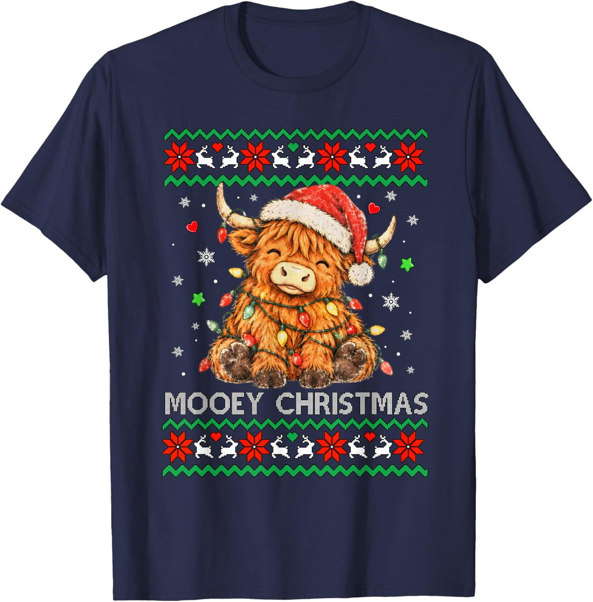 Mooey Christmas Santa Highland Cow Farm Animals Western Xmas T-Shirt - Navy Blue