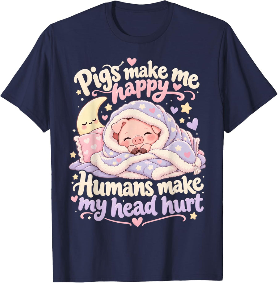 Pigs Make Me Happy Kawaii Piglet Funny Piggy Under a Blanket T-Shirt - Navy Blue