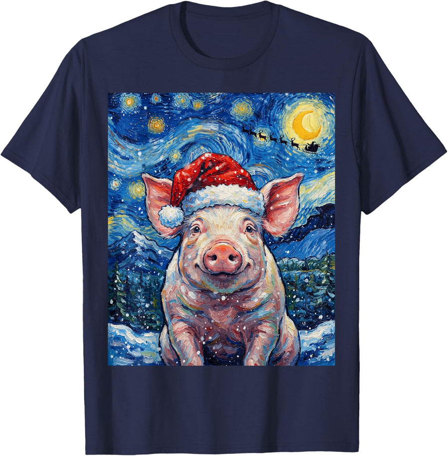 Pig Christmas Art T-Shirt - Navy Blue