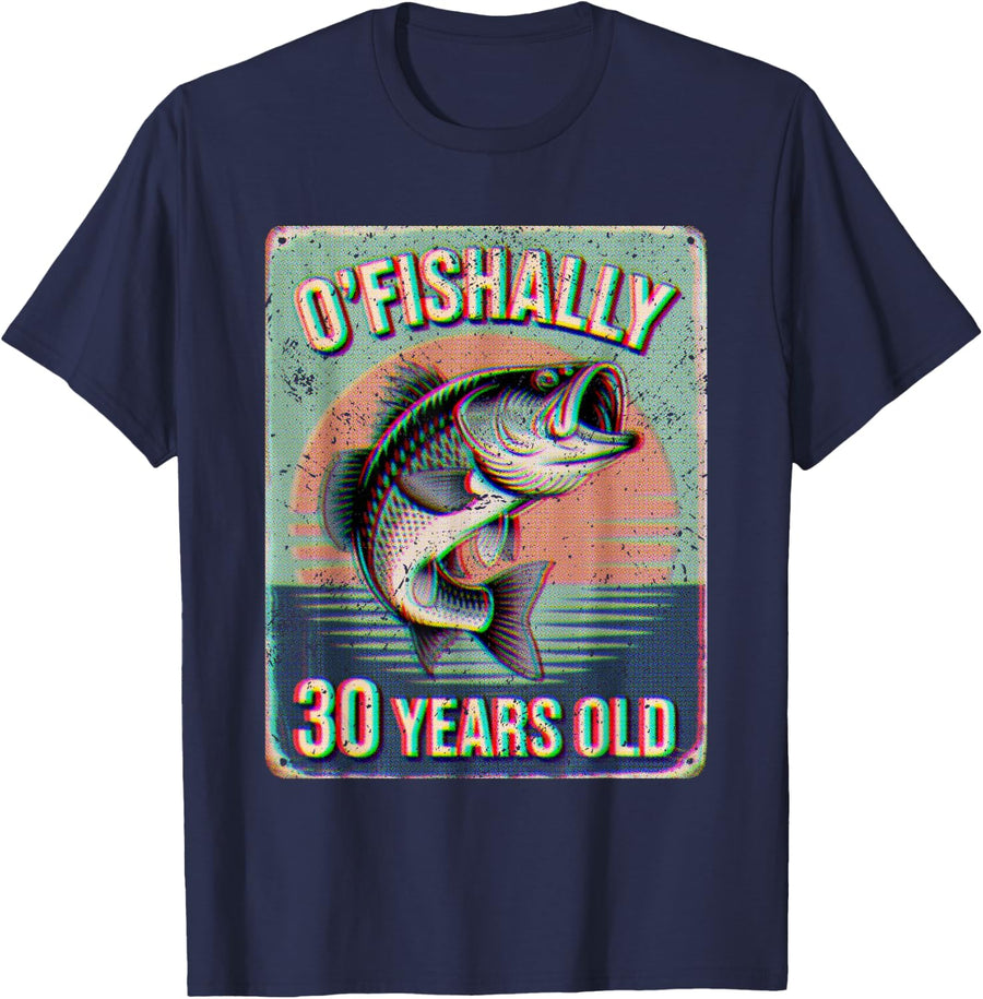 O'FISHALLY 30 Years Old Bass Fishing Angler T-Shirt - Navy Blue