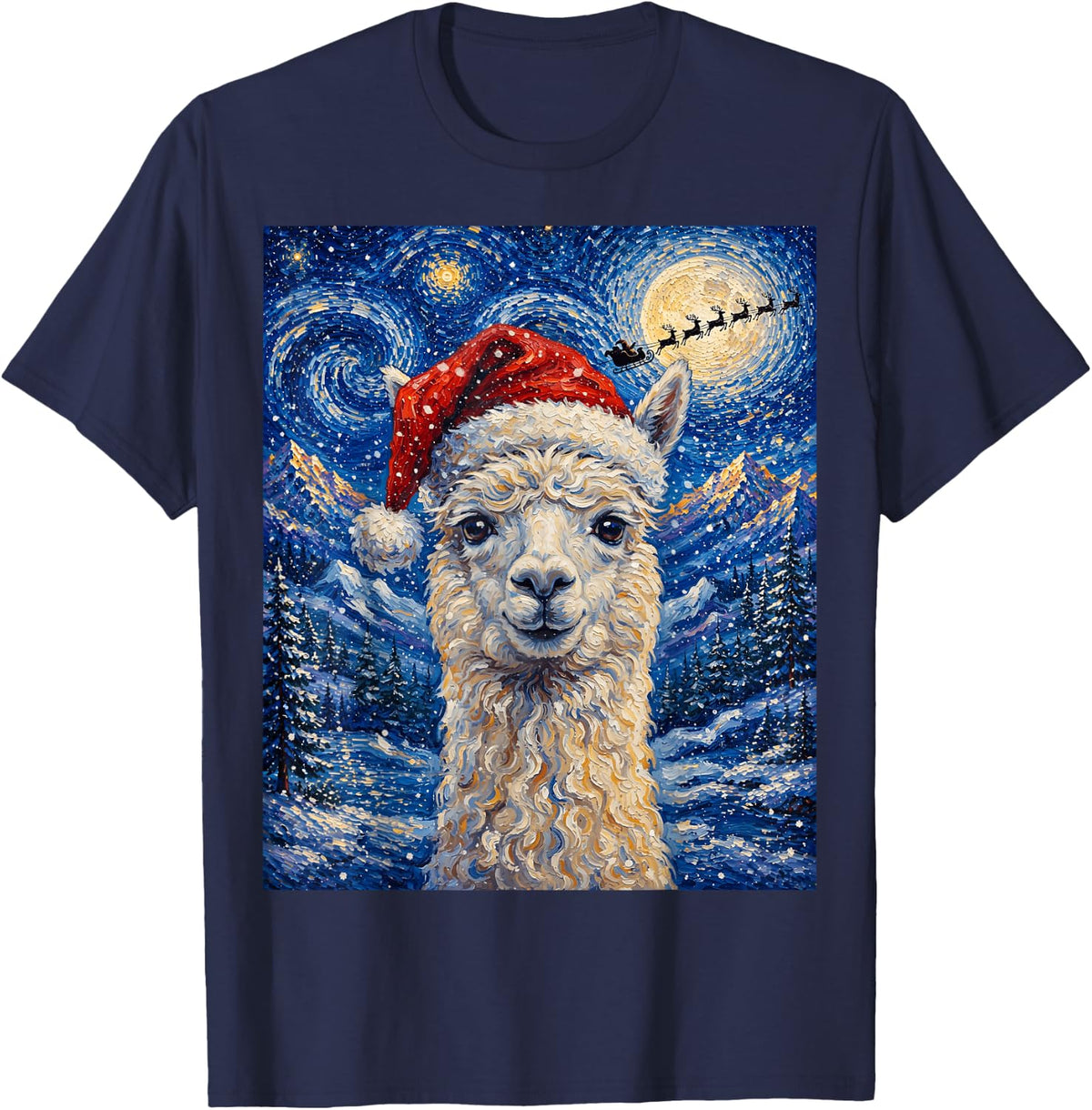 Alpaca Christmas Art T-Shirt - Navy Blue