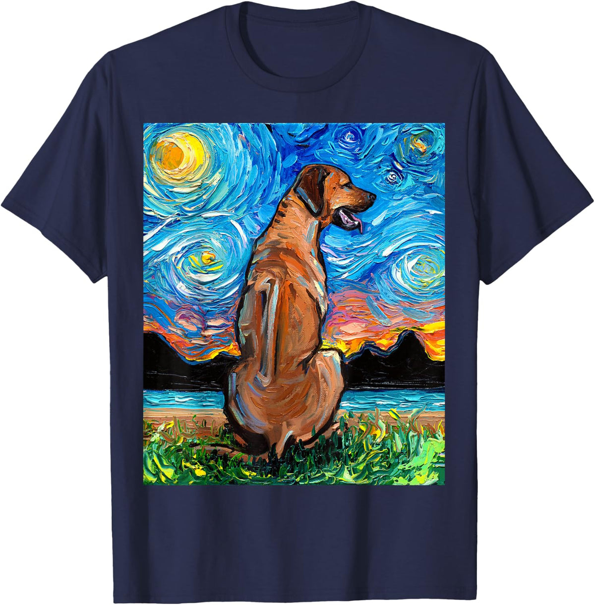 Rhodesian Ridgeback Starry Night Dog Lover Pet Artwork T-Shirt - Navy Blue