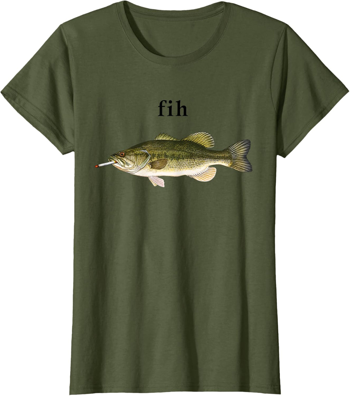 Funny Fish Smoking Cigarette Bass Fishing Humor Design T-Shirt - Olive Green