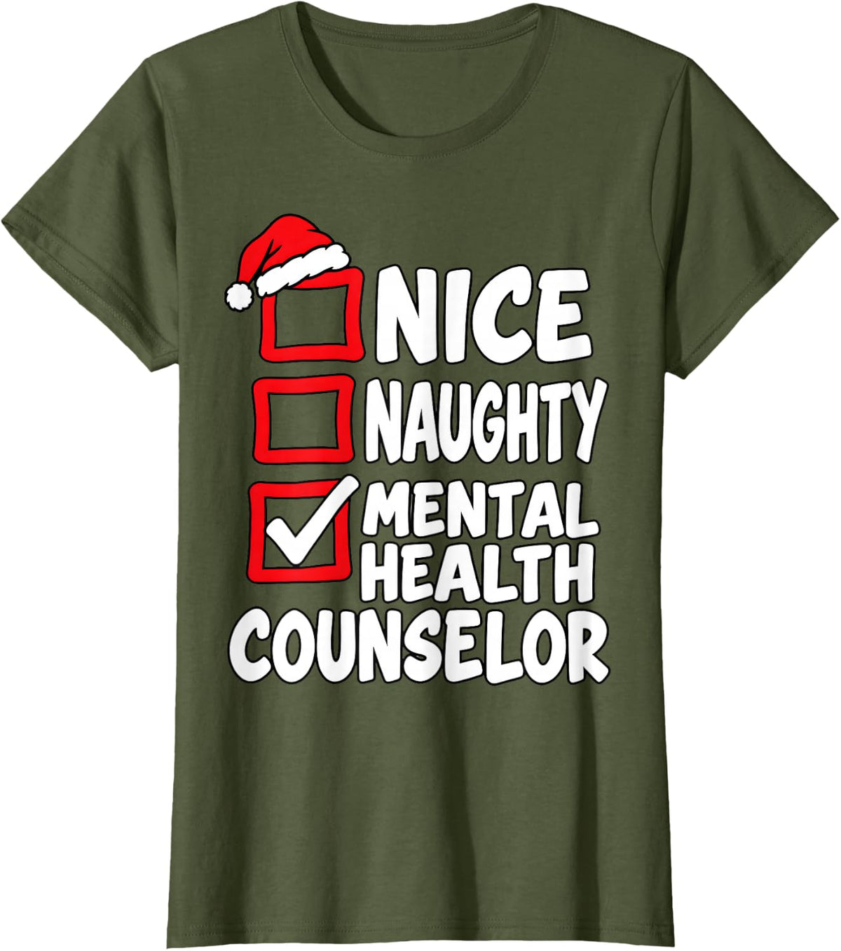 Xmas Mental Health Counselor Santa Hat Christmas T-Shirt - Olive Green