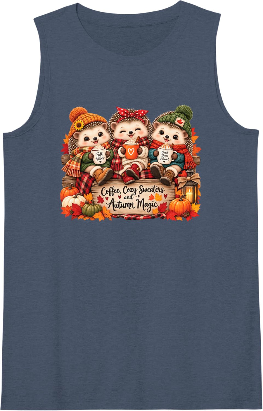 Women's Cute Fall Hedgehogs Cozy Autumn Coffee Vibes Pumpkins Sleeveless Tank Top - Navy Blue